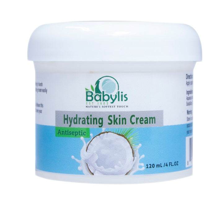 Jolly's Babylis Hydrating Skin Cream in a white plastic jar with a blue label, coconut illustration and antiseptic marking.
