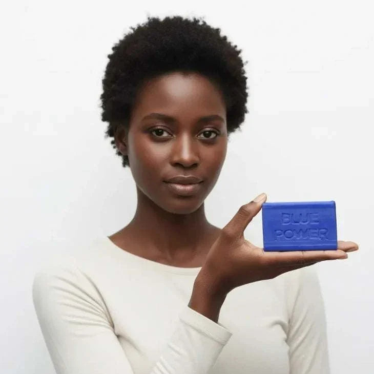 Blue Handmade Soap bar in vivid blue with a smooth rectangular shape and embossed “BLUE POWER” lettering.