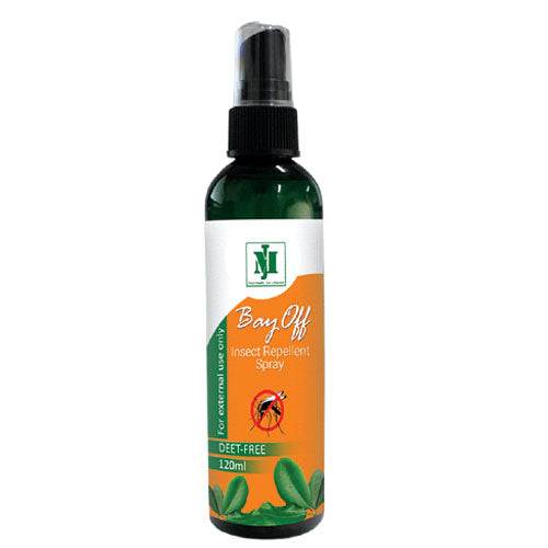 Jolly's Bay Off Insect repellent spray in a dark green bottle with an orange and white label, black pump nozzle and bay leaf graphics.