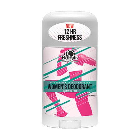 Jolly's Babylis Deodorant in a white plastic stick with a pink and teal geometric label, marked women’s deodorant and aluminum free.
