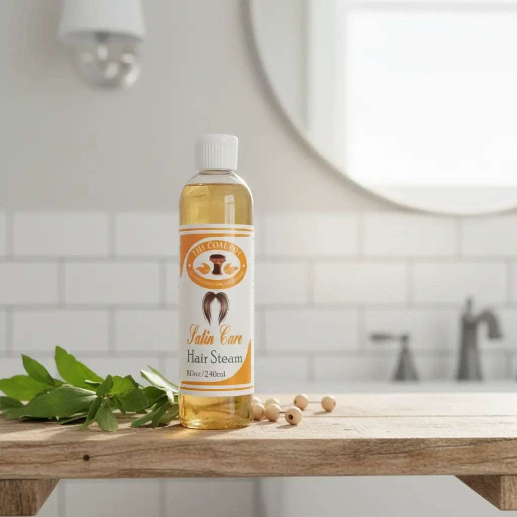Satin Care Hair Oil/Coal Pot in a clear amber bottle with a white-and-orange label and screw cap, filled with golden liquid.