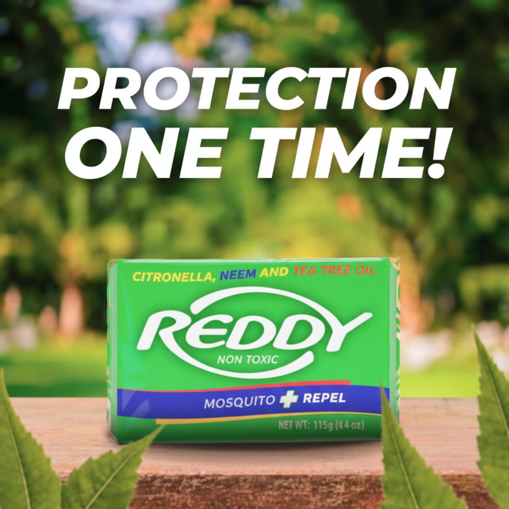Reddy Bar Soap in a bright green wrapper with white branding and a blue mosquito repellent band, 115 g bar.