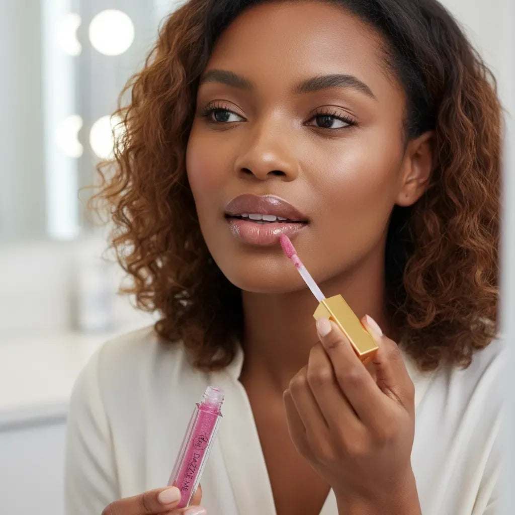 Lip Gloss from Dazzle Me in a clear tube with pink gloss and gold applicator, applied to lips with a wand