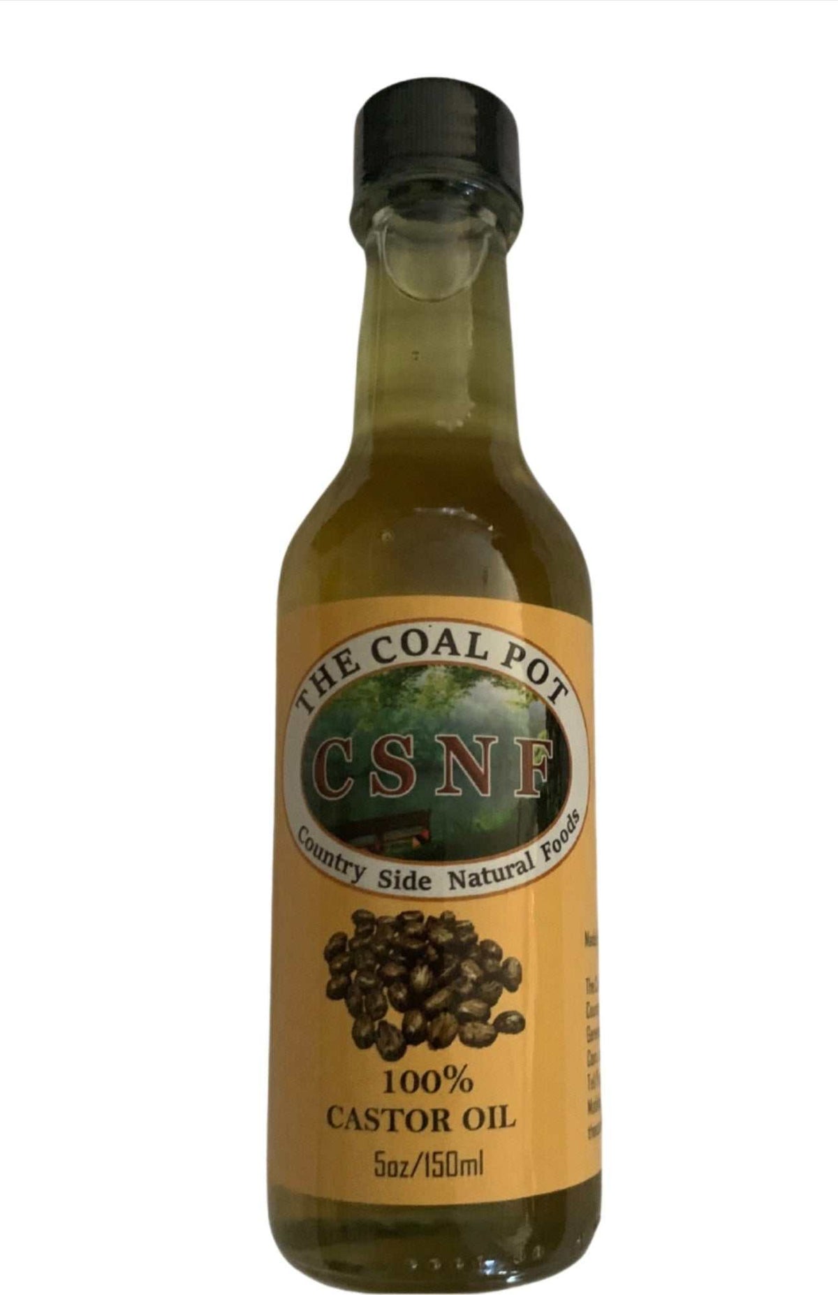 100% Castor Oil in a clear glass bottle, with golden-brown oil, a black cap and cream label with green lettering.