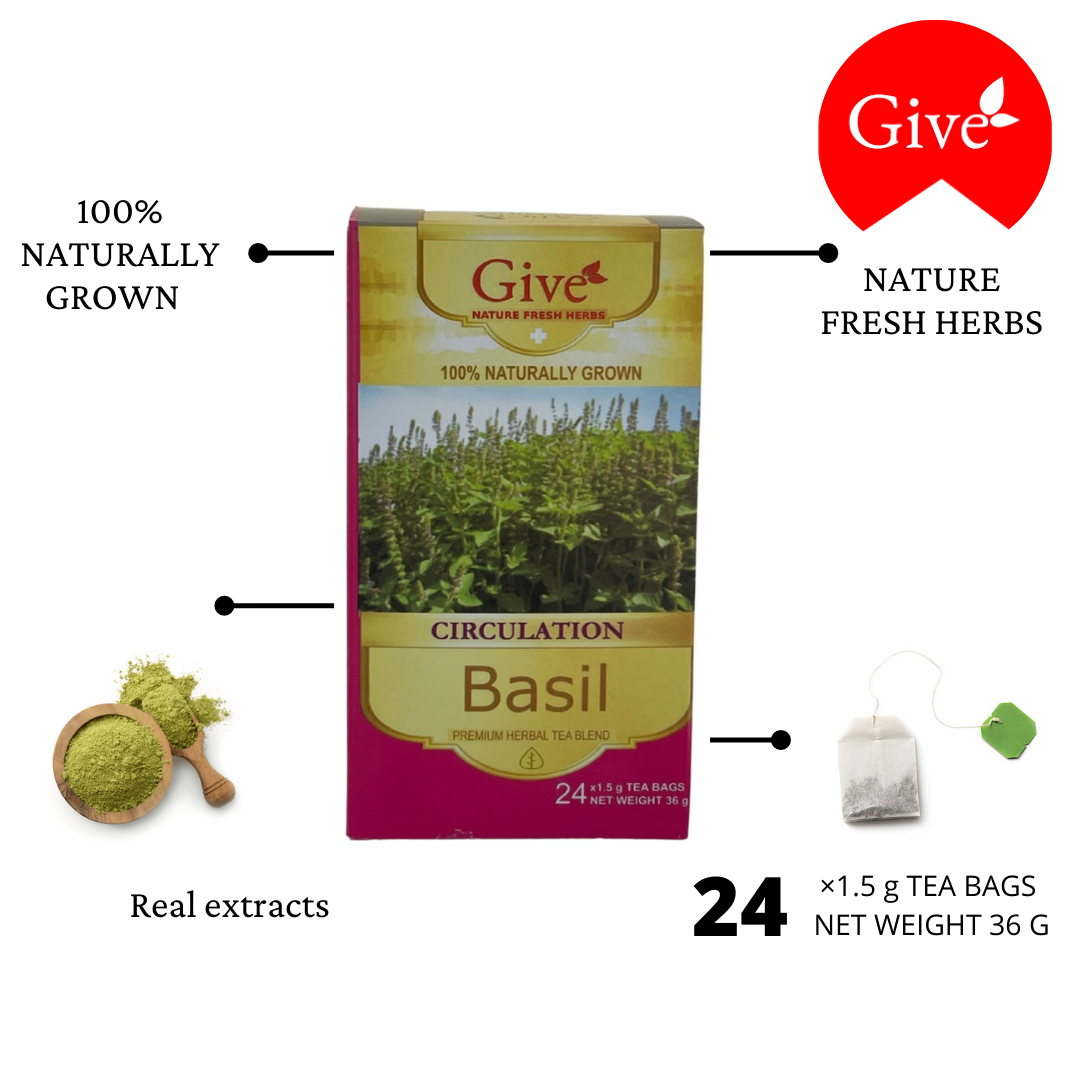 Herbal tea bags in a yellow and magenta box, featuring green basil leaves and a 24-bag count; 100% Naturally Grown Herbal Teas