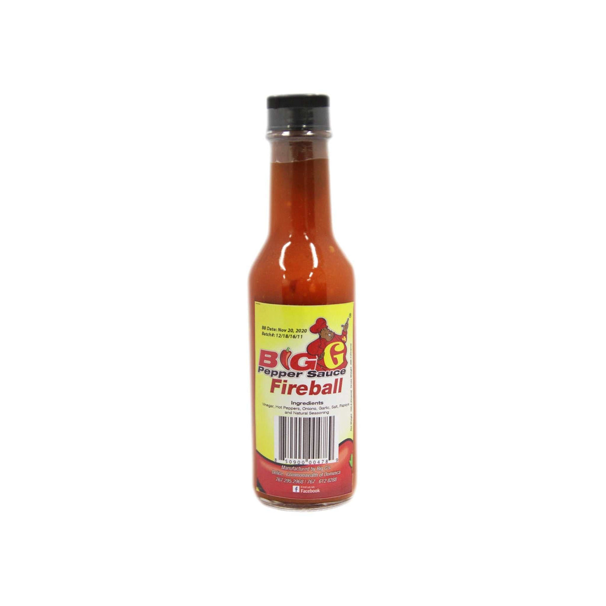Big G Hot Sauces in a clear glass bottle with red-orange pepper sauce, yellow label, and black cap.