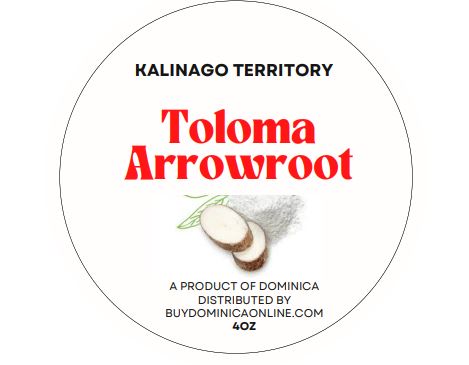 Arrowroot (Toloma) from Kalinago Territory shown on a round white label with red lettering and a root illustration
