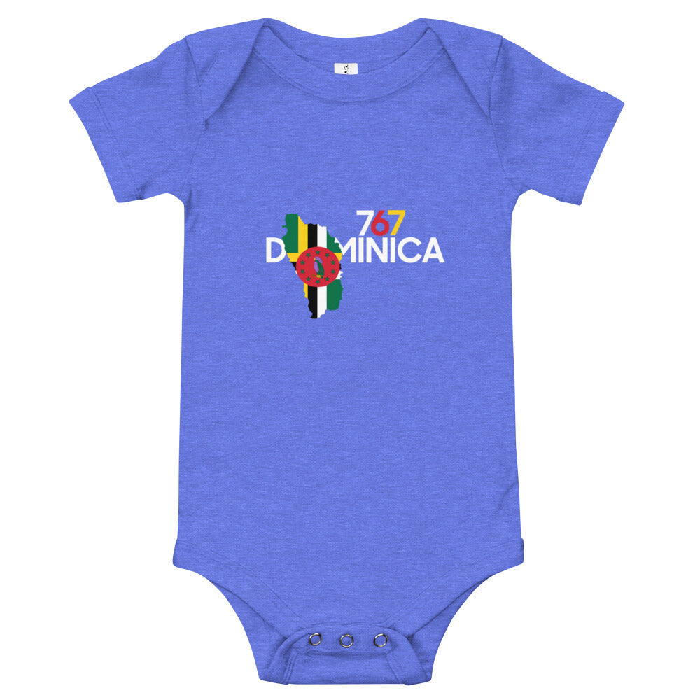 Dominica Inspired/Baby One Piece in heather blue cotton, with short sleeves, snap closures, and a colorful Dominica graphic.