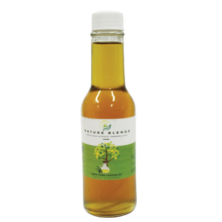 Oil bottle with golden-brown liquid, white cap, and green Nature Blends label; 100% Authentic Black Virgin Oils for hair and skin.