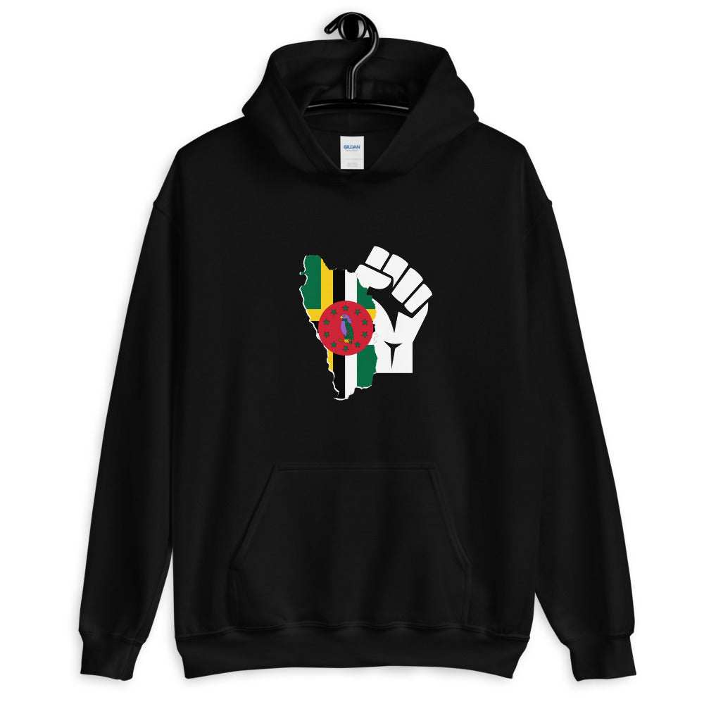 Dominica InspiredUnisex Hoodie in black cotton-blend fleece, featuring a colorful Dominica map and raised fist graphic.