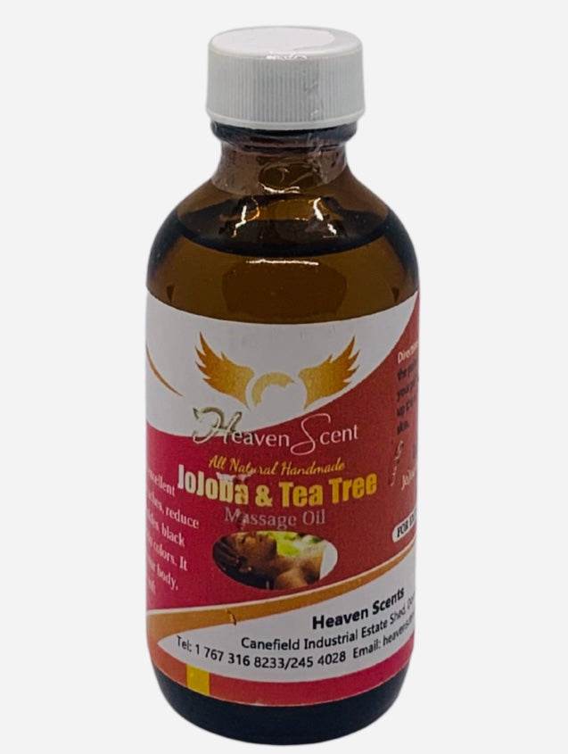 Heaven Scent Herbal Massage Oil in an amber bottle with a white cap and red, white, and gold label