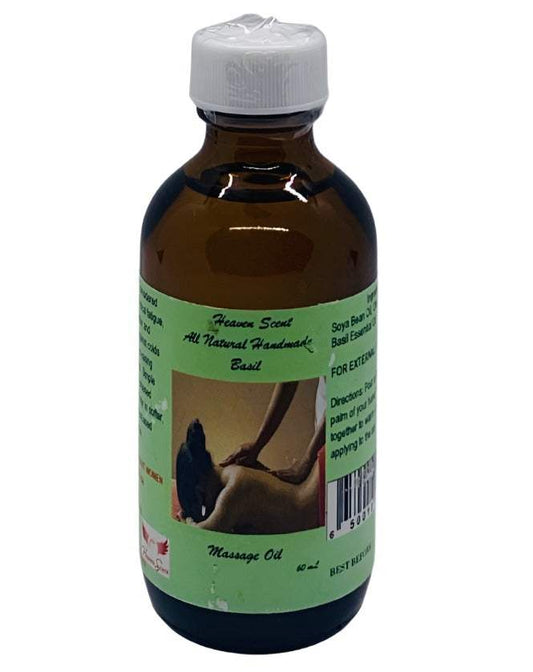 Heaven Scent Herbal Massage Oil in a brown bottle with a pale green label, white cap and massage illustration
