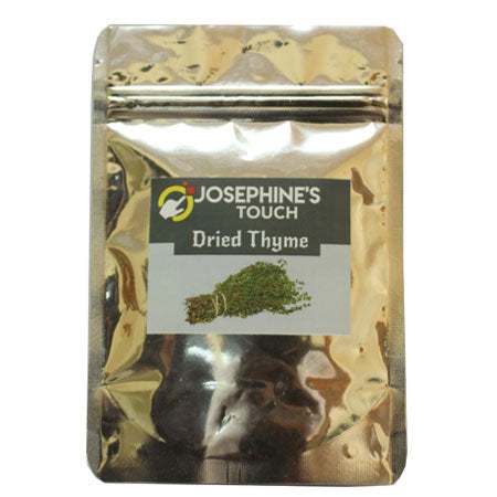 Josephine's Touch Dried Seasoning in a reflective gold resealable pouch, labeled dried thyme with an herb illustration