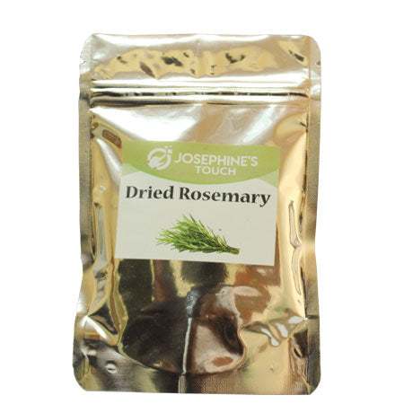 Josephine's Touch Dried Seasoning in a gold foil pouch labeled dried rosemary with a green herb illustration