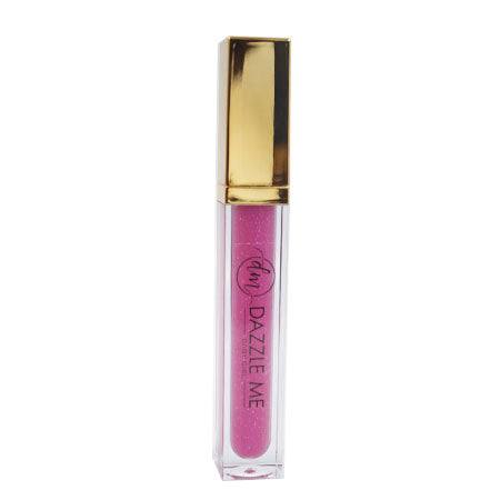 Lip Gloss from Dazzle Me in shimmery pink, housed in a clear tube with a shiny gold cap and branded label