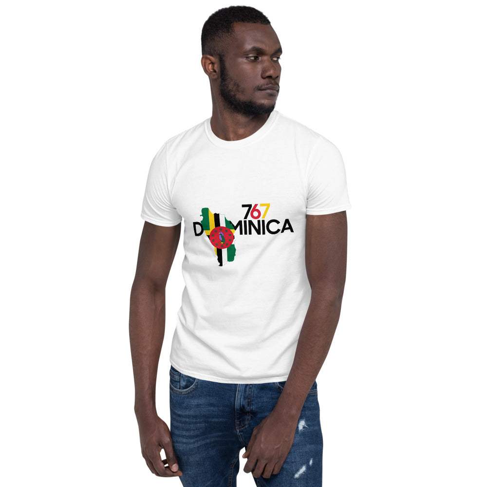 Dominica Inspired/Short-Sleeve Unisex T-Shirt in white cotton, featuring a colorful Dominica island graphic and lettering on the chest.