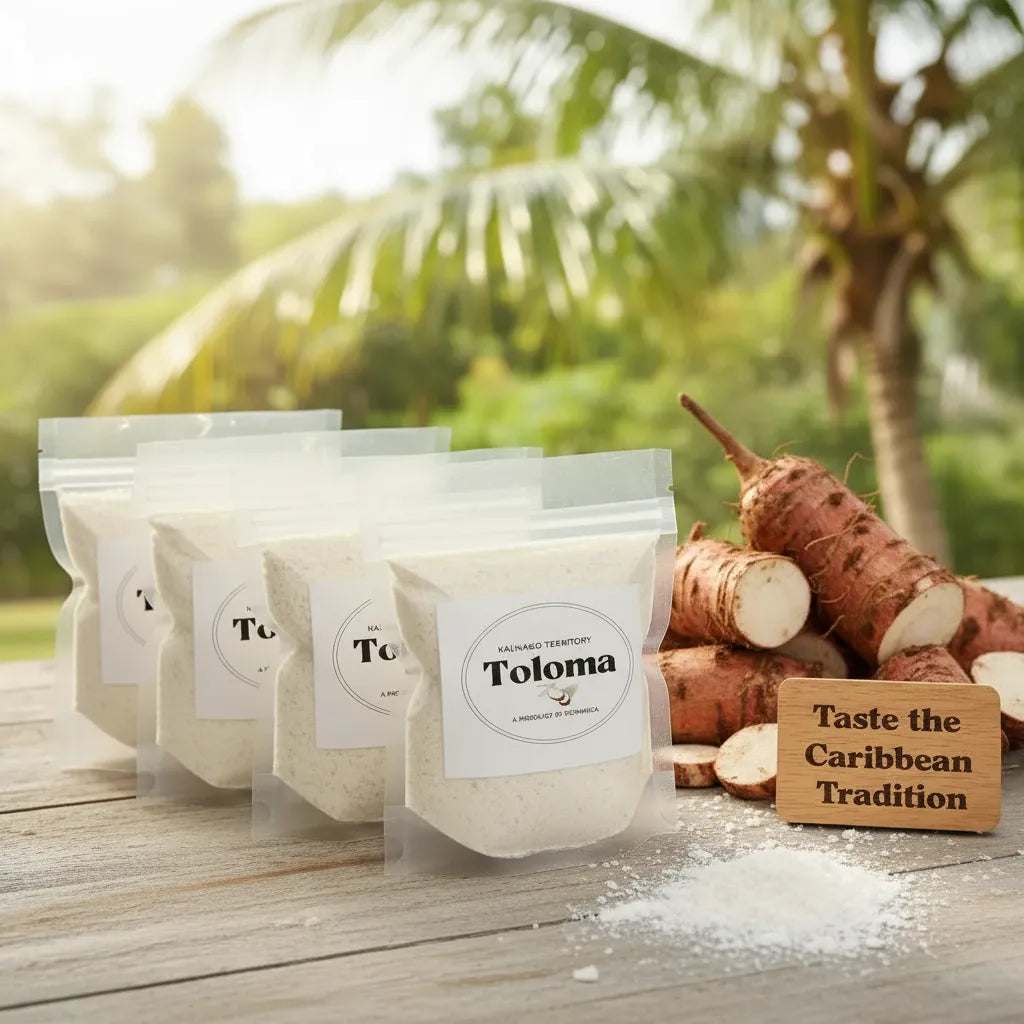 Arrowroot (Toloma) from Kalinago Territory in clear resealable pouches with white powder, alongside fresh brown roots