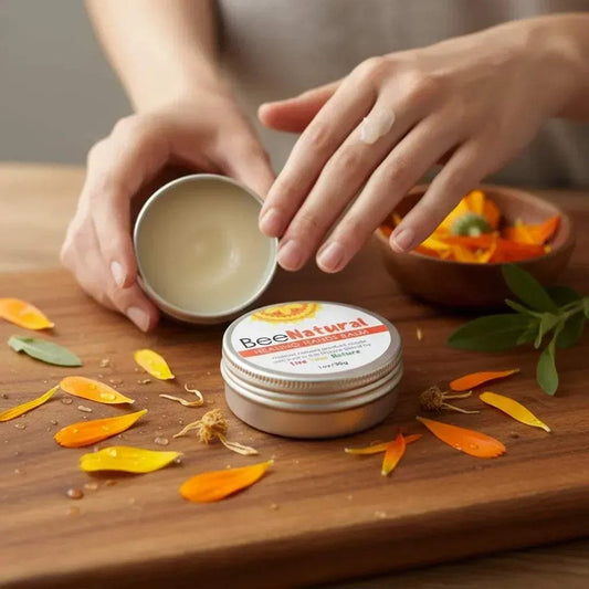 Bee Natural Body Balm in a small silver tin with a cream label, shown beside an open pot of pale balm.