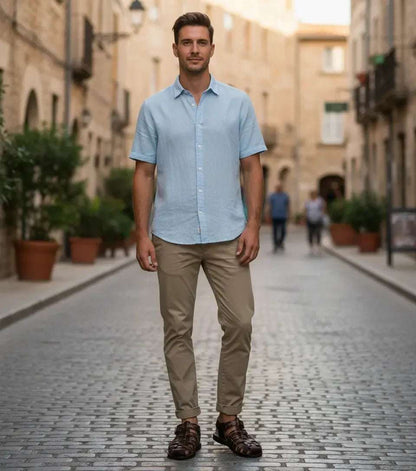 Handmade 100 Leather men sandals in dark brown, with woven straps and open toes, worn with casual trousers.