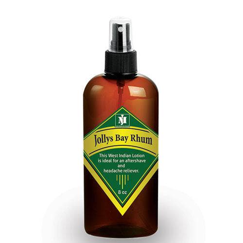 Jolly's Bay Rum aftershave in an amber bottle with a black spray top and green-and-yellow diamond label