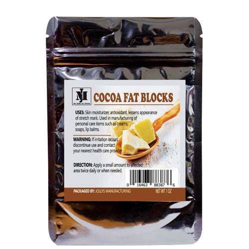 Jolly's Coco Fat Blocks in a shiny black foil pouch with a cocoa-colored label and cocoa butter illustration