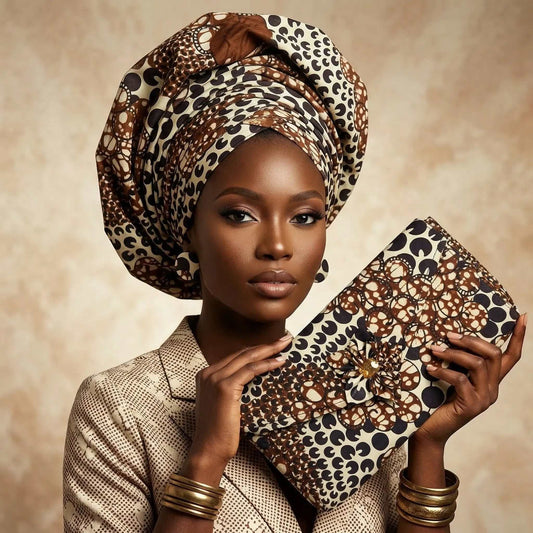 Necklace sets featuring cream, brown and black patterned fabric with matching headwrap and clutch and gold accents
