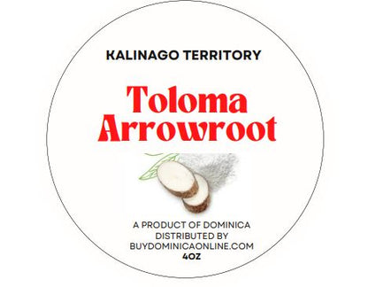 Arrowroot (Toloma) from Kalinago Territory shown on a round white label with red lettering and a root illustration