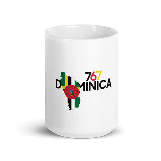 Dominica Inspired Mugs white glossy ceramic mug with colorful island silhouette, flag stripes, and 767 design