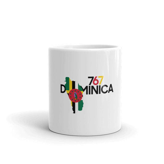 Dominica Inspired Mugs, glossy white ceramic mug featuring a colorful Dominica map and flag-inspired graphic with 767 text