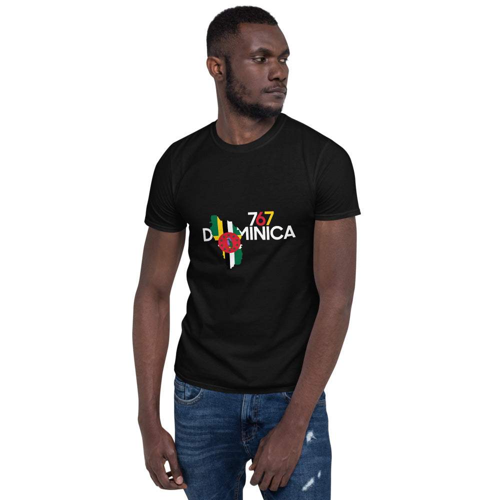 Dominica Inspired/Short-Sleeve Unisex T-shirt in black cotton, with colorful Dominica lettering and flag-inspired graphic on the chest.