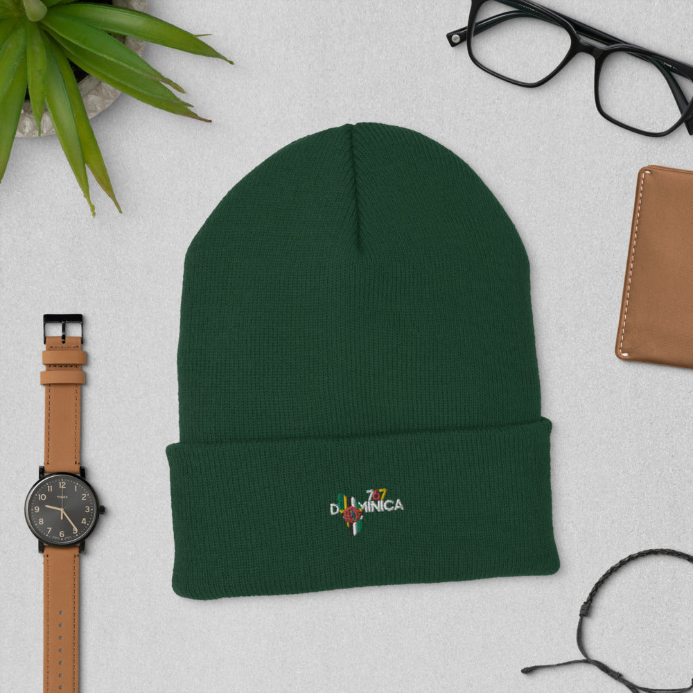 Dominica InspiredCuffed Beanie in dark green knit acrylic with a folded cuff and small colorful front emblem