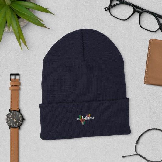 Dominica InspiredCuffed Beanie in navy ribbed acrylic, featuring a folded cuff and small colorful Dominica logo