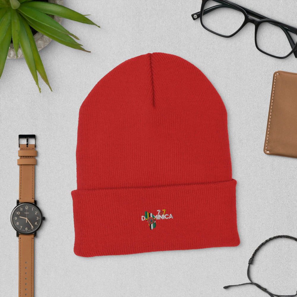 Dominica InspiredCuffed Beanie in bright red knit acrylic, with a folded cuff and small colorful Dominica emblem