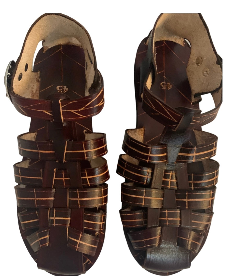 Handmade 100 Leather men's sandals in dark brown leather with tan lining and stitched woven straps