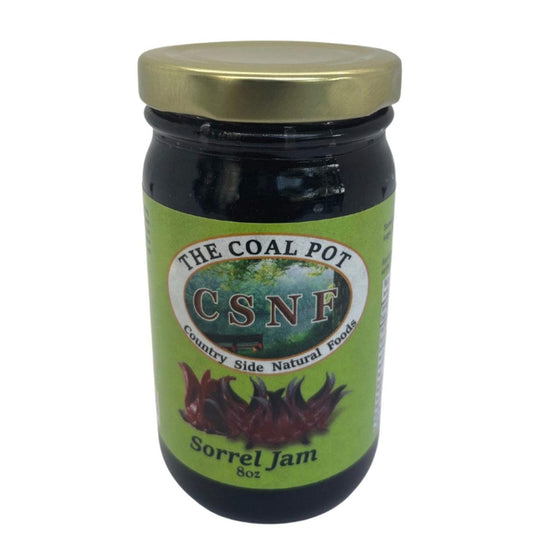 Jelly & Jam 8oz/Coal Pot sorrel jam in a dark glass jar with a gold lid and green label