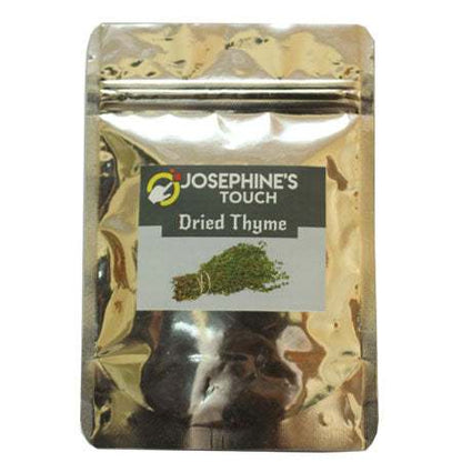 Josephine's Touch Dried Seasoning in a reflective gold resealable pouch, labeled dried thyme with an herb illustration