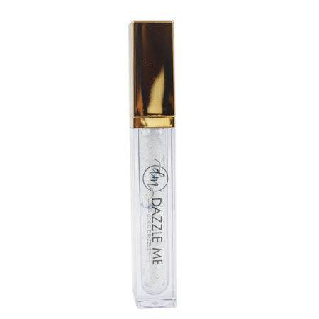 Lip Gloss from Dazzle Me in a clear tube with a gold cap, showing a transparent gloss with subtle shimmer