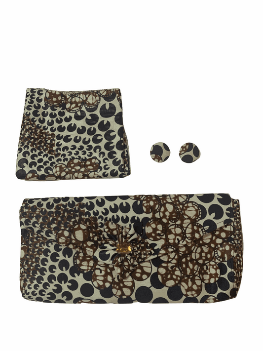 Necklace sets with a matching clutch and earrings in beige, black and brown patterned fabric, accented with floral details