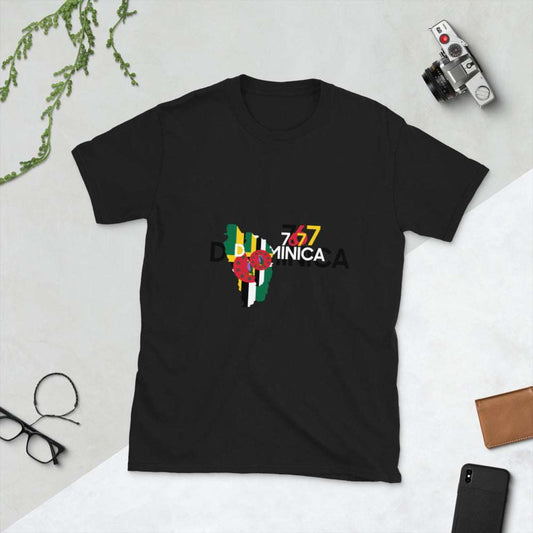Short-Sleeve Unisex T-Shirt in black cotton with a colorful Dominican Republic graphic and 767 lettering on the chest