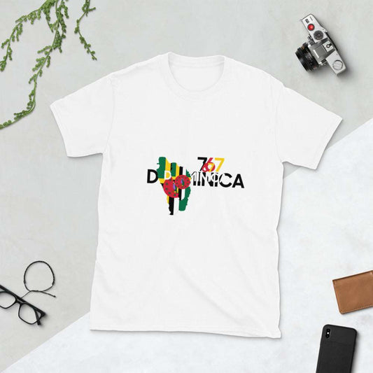 Short-Sleeve Unisex T-Shirt in white cotton with a colorful Dominican Republic graphic across the chest